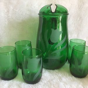 Rare Vintage Green Glass Etched Tulip Pitcher Set  with  5 Tumblers / Glasses